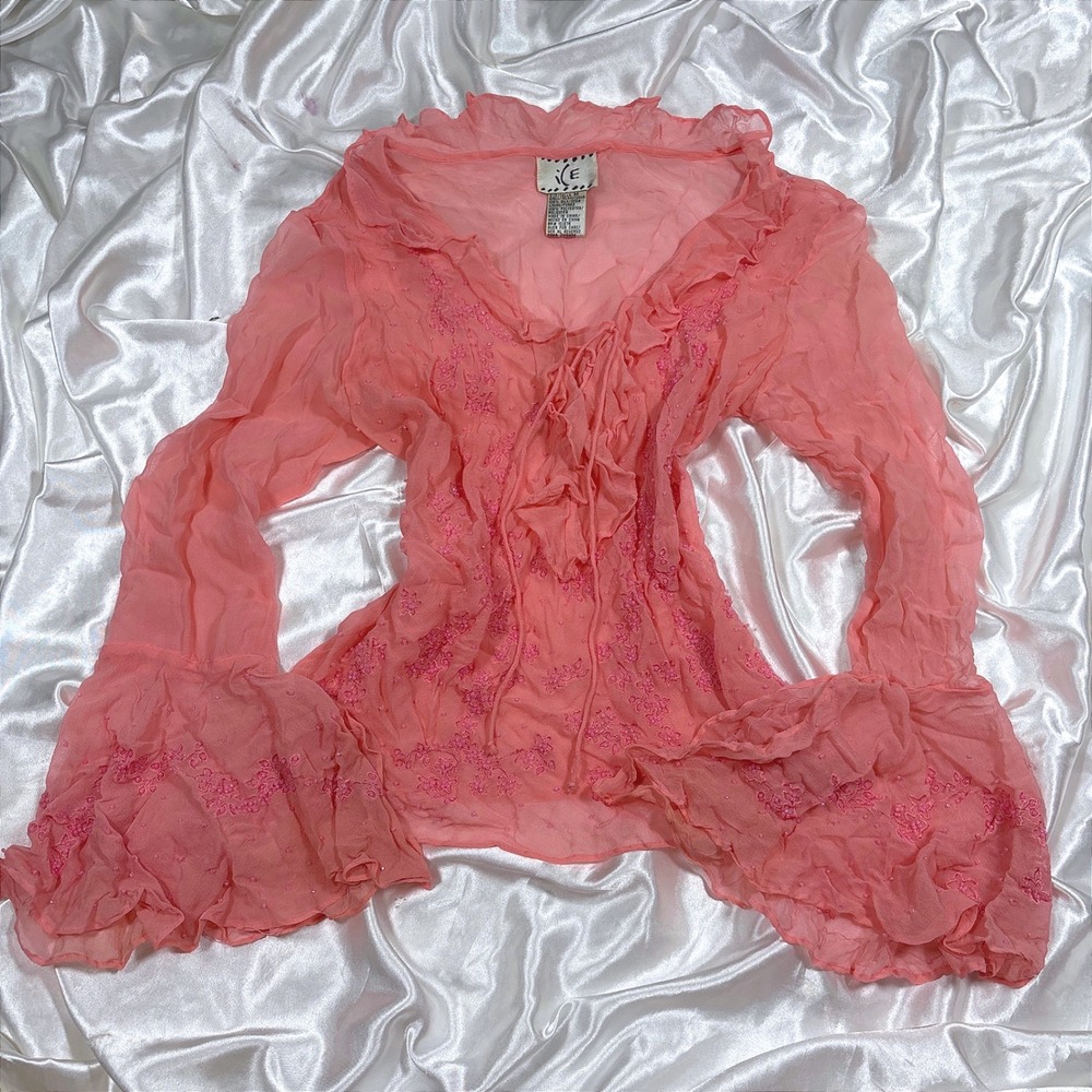 y2k Blouse Pink Excellent Silk Beaded Embroidered Ruffle Bell Sleeve Top - Picture 2 of 7